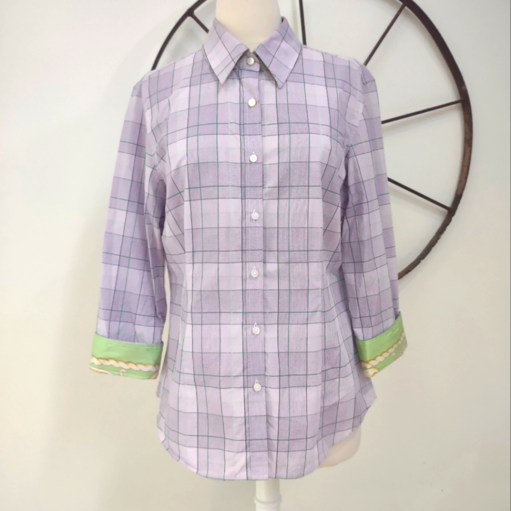 J. McLaughlin purple plaid button up collared shirt 12 $178